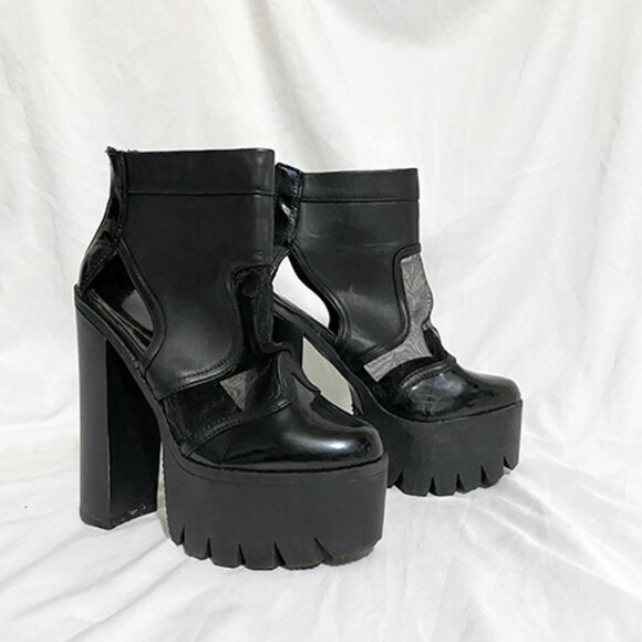 90s y2k chunky faux leather platform mesh goth block heels ankle boots | sz 7 - Picture 2 of 4